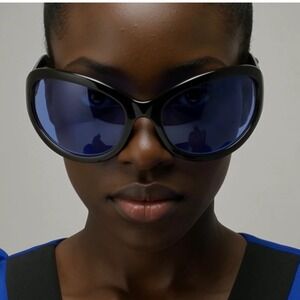 Sunglasses Black Frame Blue‎ Lens Street Trendy Wear Shield Wrap Around UV400
